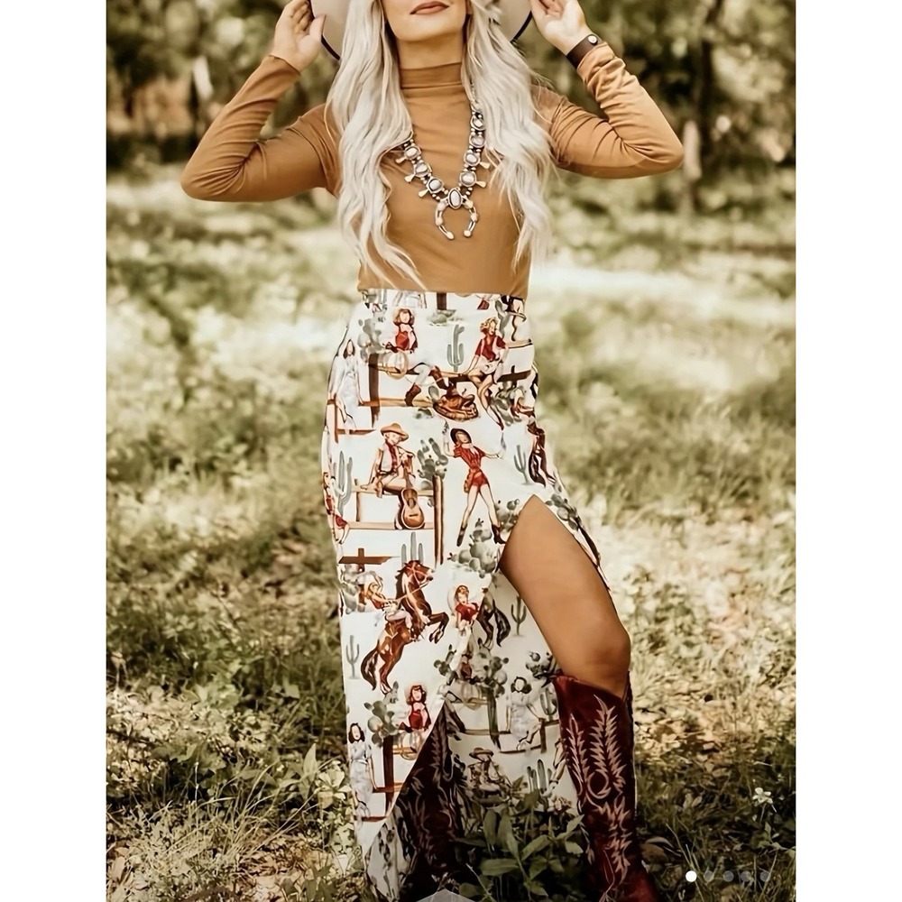 New Boutique Western Vintage Inspired‎ Angle Hemmed Knit Skirt  XL Horses
